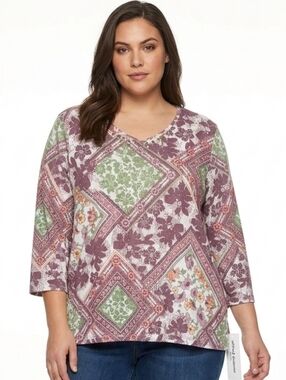 NWT Alfred Dunner Patchwork Floral 3/4 Sleeve Top